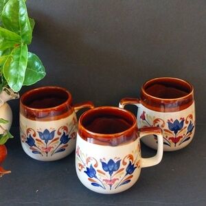 Set of 3 Blue Tulip Ceramic Cobalt Blue Brown Armbee Stoneware Coffee Mugs